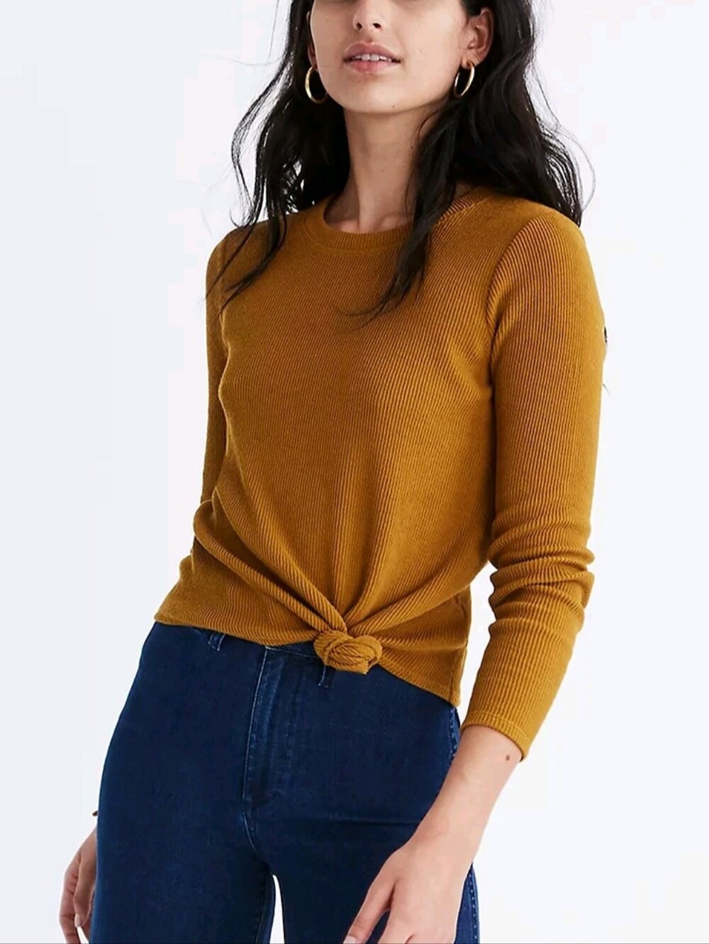Madewell Womens Antique Gold Ribbed Long-Sleeve Knot Front Top Size Medium